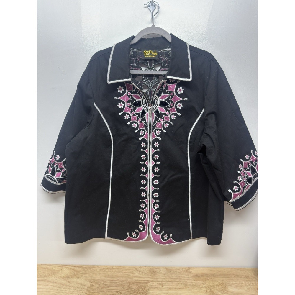 Bob Mackie Wearable‎ Art Womens Medium Black Embroidered Blouse Jacket Boho 1X